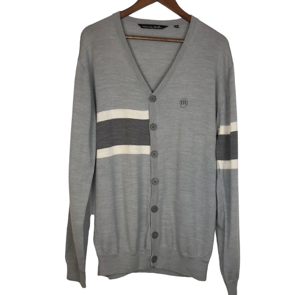 Travis Mathew Mens Cardigan Varsity Sweater Size XL Gray Merino Wool Blend EUC